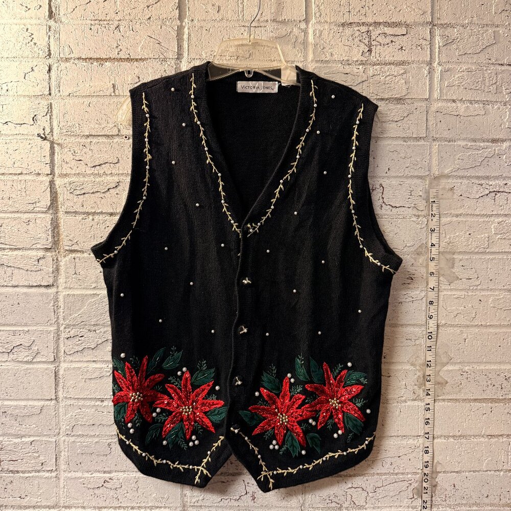 Victoria Jones Black Embroidered Poinsettia Holiday Sweater Vest